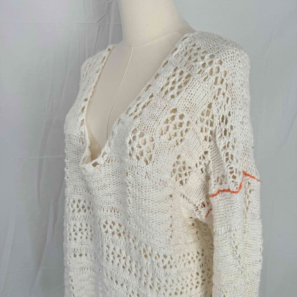 Free People White Sweater Crochet Chunky Knit Oversized Cottagecore Boho Hippie - Picture 6 of 16